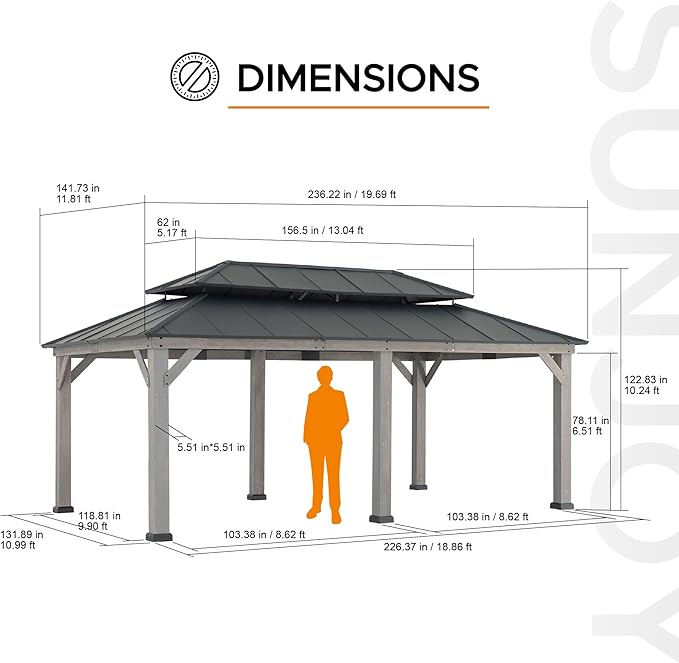 SUNJOY 12 x 20 ft. Wood Gazebo with 2-Tier Aluminum Roof, Outdoor Patio Cedar Framed Hardtop Gazebo with 2-Tier Roof, Suitable for Patios, Lawn and Backyard, Matte Black Roof + Gray Wood Frame
