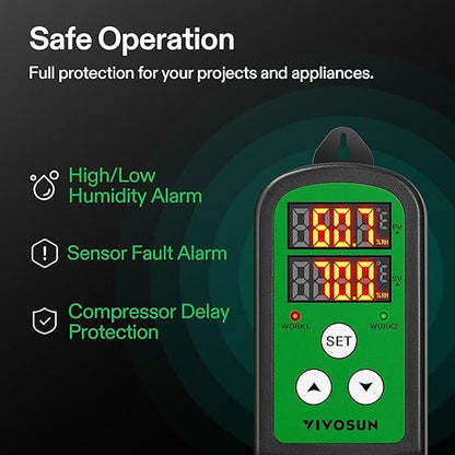 VIVOSUN Humidity Controller, 1200W Dual-Stage Outlet, Pre-Wired Digital Humidistat with Dual LED Displays for Humidifier/Dehumidifier/Fan, Ideal for Greenhouse, Grow Tent, Home-Brewing, Mushroom