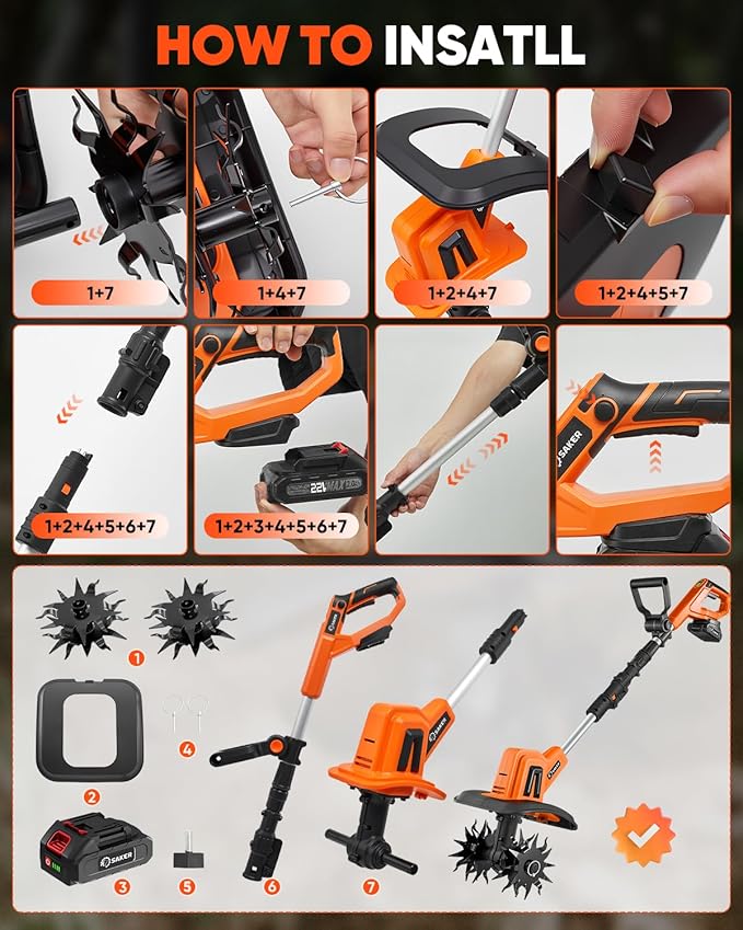 Saker 22V Cordless Electric Garden Tiller Cultivator, Rototiller for Gardening with 3 Adjustable Speed, 9-Inch Tilling Width, 6.3-Inch Depth for Soil Preparation, Weeding, and Gardening SK-TC18A