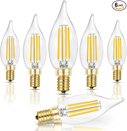 Hizashi E12 Candelabra Bulb 40 watt, 90+ CRI Dimmable Candelabra LED Bulbs, 4W 450LM 5000K Daylight White, E12 Bulb Flame Tip CA10 Candle Light Bulbs, UL Listed - 6 Pack