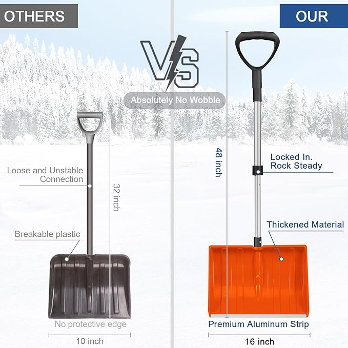 Ergonomic Large Snow Shovel for Driveway: 48-Inch Dual-Lock Knob Anti-Wobble Handle, 16" Plastic Blade w/Metal Edge, Ultra-Light 1.9 lb, Portable Aluminum Shaft, Car, Camping & Emergency, Orange