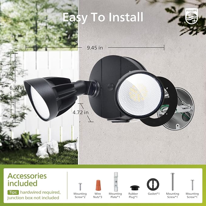 PHILIPS 44W 3500LM ‌LED Security Flood Light‌ ‌Outdoor‌，Switch Controlled Aluminum ‌Security Light‌, 2 Adjustable Heads，5000K Daylight，Wet Location for Patio, Garden, Yard Lights