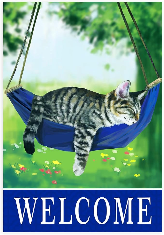Welcome cat garden flags for outside 28x40，seasonal flags with cats double sided house flags, spring House Yard Lawn Decor Holiday Funny Garden Yard Decoration