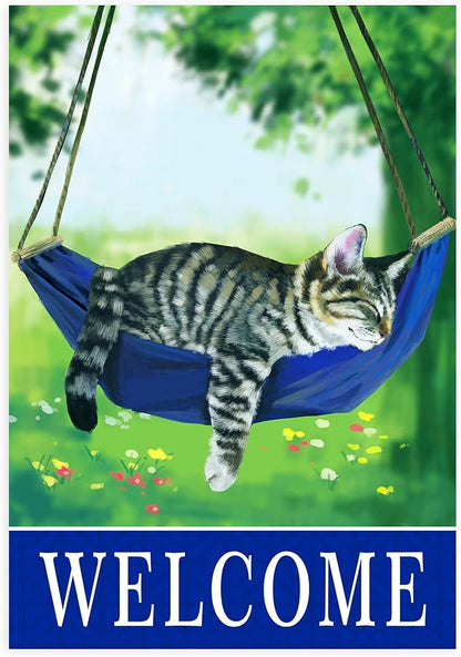 Welcome cat garden flags for outside 28x40，seasonal flags with cats double sided house flags, spring House Yard Lawn Decor Holiday Funny Garden Yard Decoration