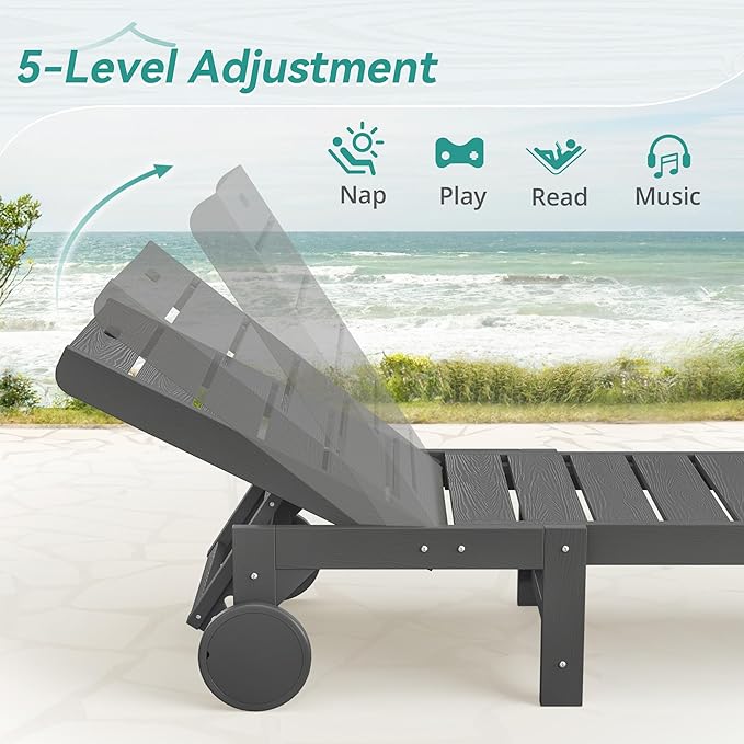 Outdoor Chaise Lounge Chairs Set of 4, 26.8” Super Wide Lounge Chair Outdoor, HDPS Pool Chairs with 5 Positions, Patio Lounge Chair with Wheels for Pool,Lawn,Backyard, Dark Gray