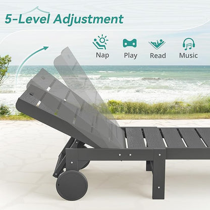 Outdoor Chaise Lounge Chairs Set of 2, 2-Piece, 26.8” Super Wide Lounge Chair Outdoor, HDPS Pool Chairs with 5 Positions, Patio Lounge Chair with Wheels for Pool,Lawn,Backyard, Dark Gray