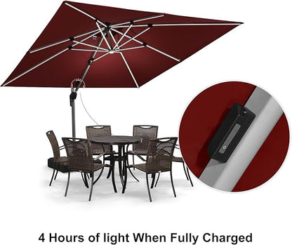 PURPLE LEAF 10 Feet Solar Powered LED Square Cantilever Umbrella With Base Patio Umbrellas Windproof Hanging Outdoor Umbrellas Offset Umbrella, Terra