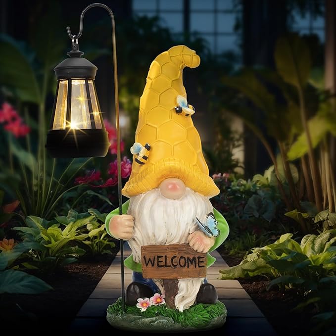 Solar Large Garden Gnomes Outdoor Statues with Lantern Light, Welcome Gnome Garden Outdoor Decor Gift Waterproof Decoration for Patio, Balcony, Yard Ornament Mom Gift