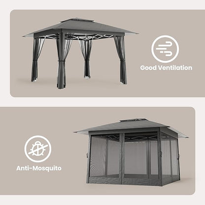 Bealife 13x13 Pop Up Gazebo Tent with Mosquito Netting, Outoor Canopy Tent with 4 Sandbags, 8 Stakes, 4 Ropes, Roller Bag, Pop Up Canopy for Lawn Backyard Garden Deck (Grey, 13x13)