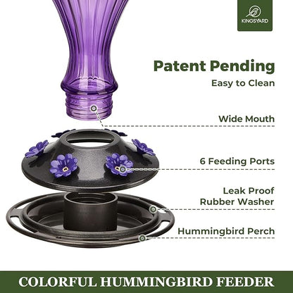Kingsyard Glass Hummingbird Feeder 24 Ounces, 6 Feeding Ports, Hanging Bird Nectar Feeder for Outdoors Garden Yard Décor, Ant Moat Included, Purple