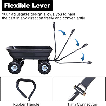AAIN Heavy Duty Garden Cart with 10" Pneumatic Plastic Tires, 600LB Capacity, 180° Rotating Handle & Quick Release System, Black 4 Cu.Ft Poly Dump Wagon for Yard, Outdoor, Beach, Home