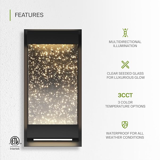 ASD LED 12 Inch Bubble Glass Wall Light Fixture | 22W 500LM 3000K-5000K 120V | 3CCT, Waterproof, Dimmable, Up-Down Glow, ETL Listed | Exterior Flush Mount Sconce, Outdoor-Indoor Lighting | Black