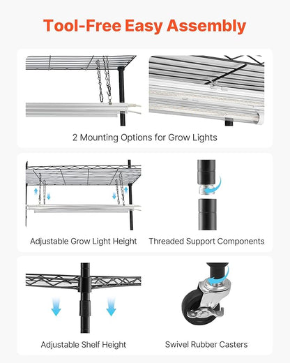 VEVOR Indoor Greenhouse with Grow Light, 59 in Tall 4-Tier Plant Stand with Clear Cover, Timer & Hygrometer, 180W Full Spectrum Grow Lights, Metal Lighted Plants Shelf Holder for Indoor Plants