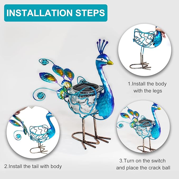 HONGLAND Solar Peacock Statue Light, Solar Animal LED Lights Outdoor, Solar Power Figurine Waterproof Metal Peacock Yard Art for Pathway Patio Backyard Decoration Lawn Ornaments, Peacock Blue