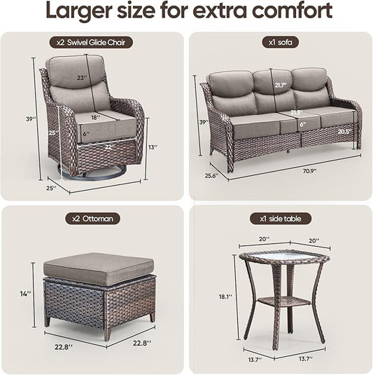Swivel Patio Chairs sofa Set of 6 - 6" Thick Cushion - Wicker Outdoor Swivel Rocker Patio Chair ,Sofa/Glass coffee table, High Back Comfortable Outdoor Glider Chairs - Brown Wicker Grey Cushions