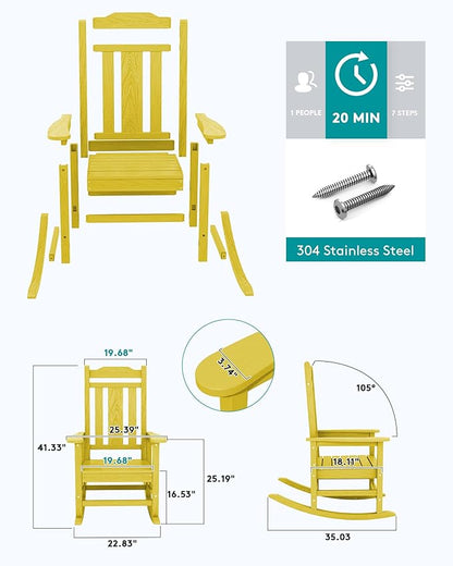 SERWALL Outdoor Rocking Chair, Patio Rocking Chairs for Porch, HDPE Rocking Chair Outdoor for Adults, Heavy Duty Front Porch Rocker, Yellow