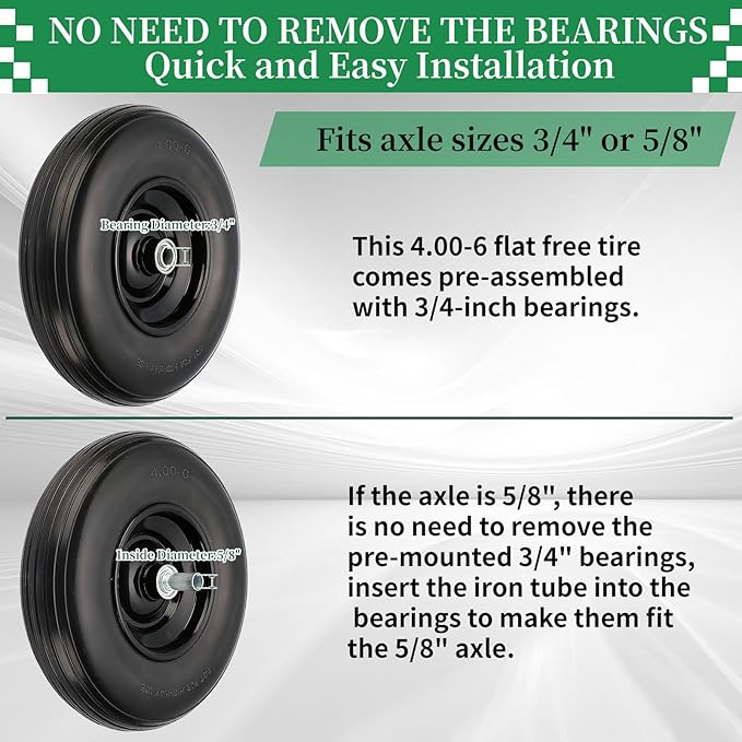 RRQ 4.00-6 Flat Free Tire and Wheel, 13" Solid Wheelbarrow Tire with 1.75" Centered Hub and 3/4" Bearings(Come with 5/8" ID Iron Tube Adapter), for Garden Cart, Trolley, Wheelbarrow Wheel Replacement