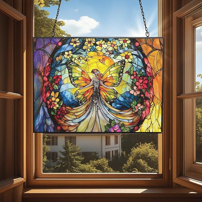 Personalized Rectangle Butterfly Fairy Stained Glass Suncatcher Stained Glass Window Hanging Home Decor Garden Halloween Christmas Wedding Housewarming Gifts