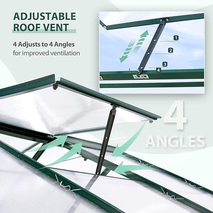 EAGLE PEAK 6x6x7 Outdoor Walk-in Hobby Greenhouse with Adjustable Roof Vent, Rain Gutter, Base and Anchor, Polycarbonate Aluminum Green House for Backyard Garden, Dark Green