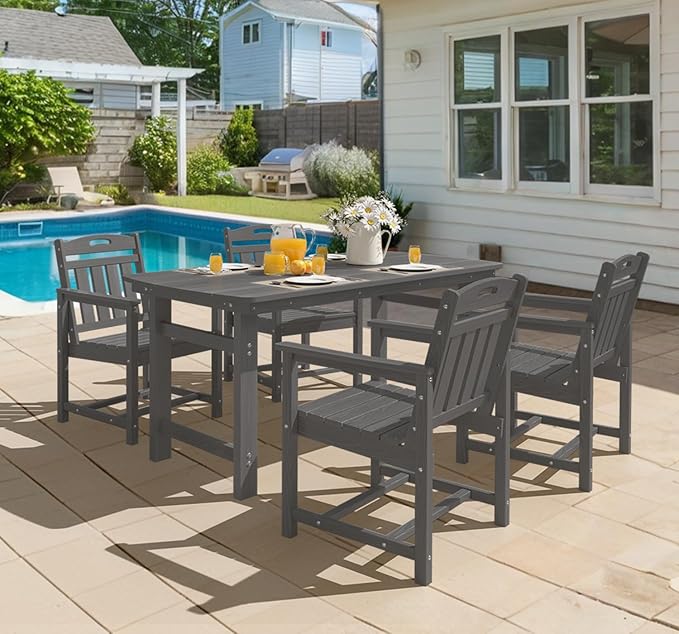 Ciokea HDPE Outdoor Dining Set 5-Piece Patio Table and Chairs with Umbrella Hole, All-Weather Patio Dining Set for 4, Durable Patio Furniture Set for Backyard, Garden, Lawn & Poolside, Grey