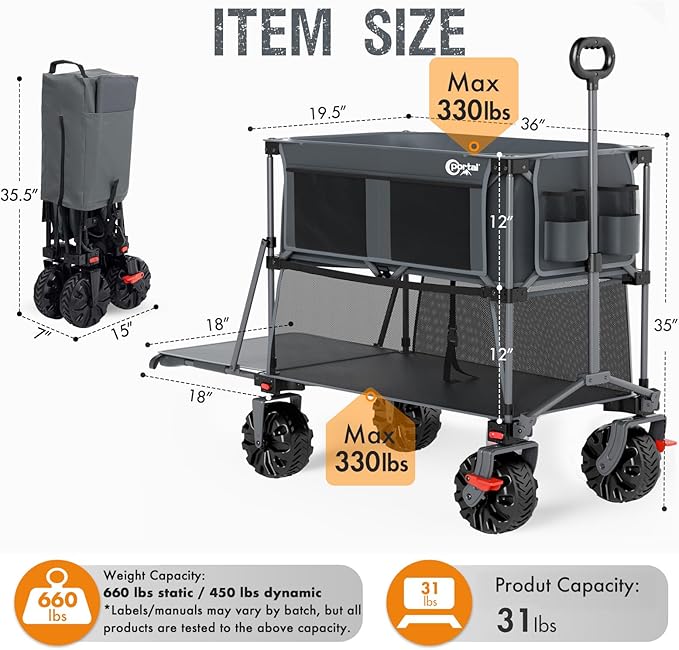 Portal Collapsible Large Double Decker Wagon with Brakes, 660lb Foldable Heavy Duty Utility Wagon Cart, 400L All-Terrain Big Wheels & 54" Extra Long Extender for Sports, Camping & Outdoor Use