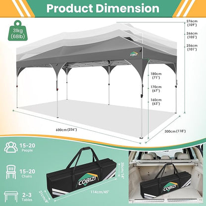 COBIZI 10x20 Pop Up Canopy Tent with 4 Sidewalls, Instant One-Push Setup, Commercial Canopy with Air Vent & Reflective Strip, UPF 50+ Waterproof Party Tent with Sandbags & Stakes for Events (Gray)