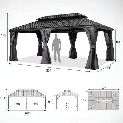 ABCCANOPY Hardtop Gazebo 12x20 - Outdoor Metal Hard Top Gazebo, Permanent Galvanized Steel Aluminum Framed Pavilion with Netting and Curtain for Patio Backyard Lawn Garden (Double Roof, Gray)