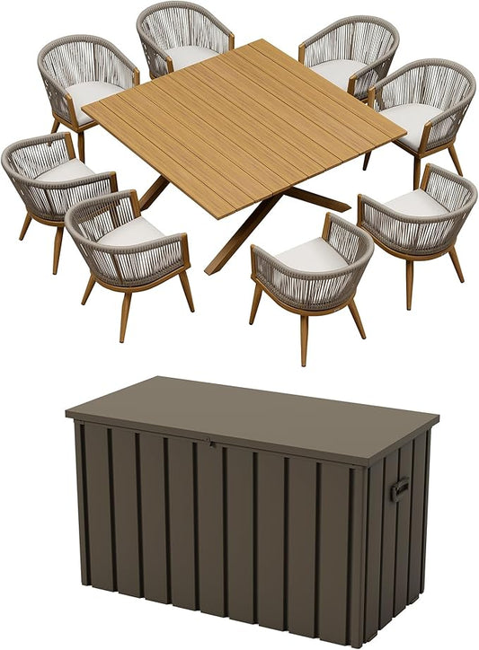 PURPLE LEAF Outdoor Dining Set for 8 with Brown Storage Box All-Weather Aluminum 9 Piece Furniture Sets with Woodgrain Large Square Table and Rope Weave Chairs Patio Set Teak Color