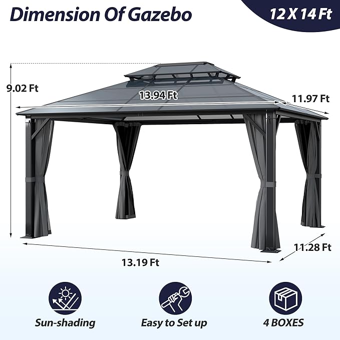 12' x 14' Hardtop Gazebo, Outdoor Polycarbonate Double Roof Gazebo with Metal Frame Permanent Pavilion with Netting& Curtains for Garden, Patio