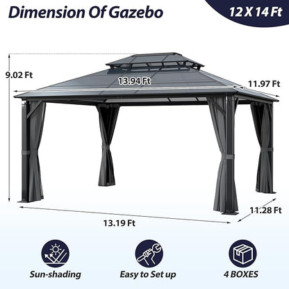 12' x 14' Hardtop Gazebo, Outdoor Polycarbonate Double Roof Gazebo with Metal Frame Permanent Pavilion with Netting& Curtains for Garden, Patio