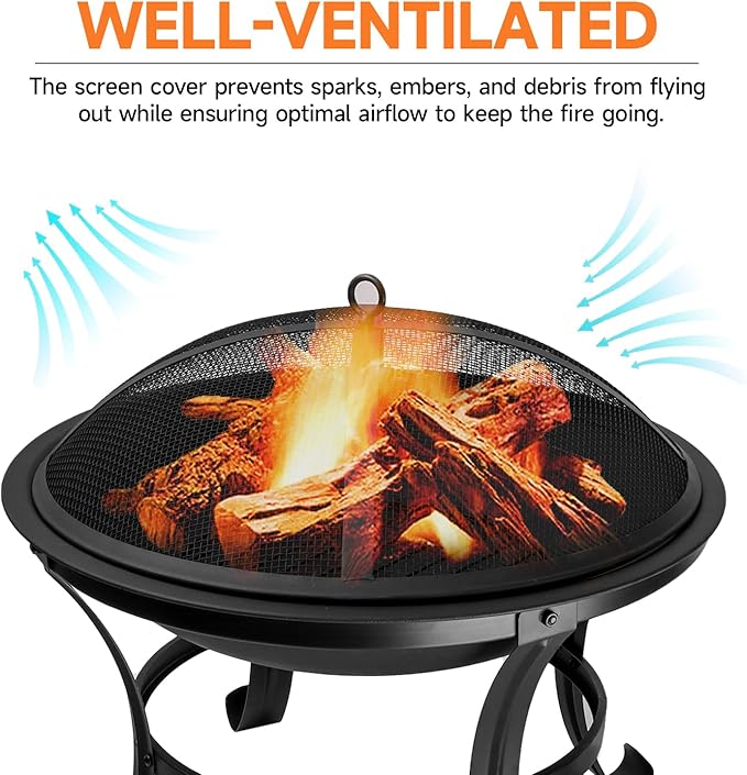 22-Inch Portable Round Metal Fire Pit Set, Durable Wood Burning Fireplace/Firepit with Steel Bowl, Mesh Lid, Poker, and Cover