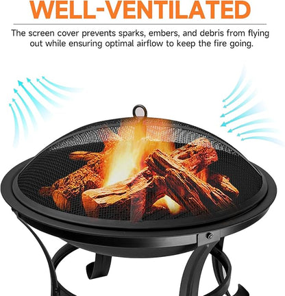 22-Inch Portable Round Metal Fire Pit Set, Durable Wood Burning Fireplace/Firepit with Steel Bowl, Mesh Lid, Poker, and Cover