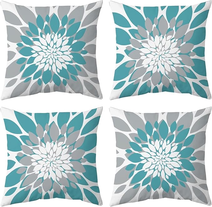 Qahing Pack of 4 Outdoor Waterproof Pillow Covers 24x24 Decorative Outdoor Throw Pillows Garden Square Cushion Cases for Patio Furniture, Couch, Tent Sunbrella, Bench, Teal Turquoise Grey