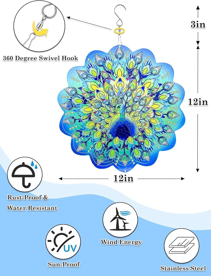 Peacock Wind Spinners Outdoor Hanging Decor - 12 Inch Peacock Garden Decor for Outside, 3D Stainless Steel Metal Wind Spinners, Yard Decorations Outdoor Gardening Gifts for Women