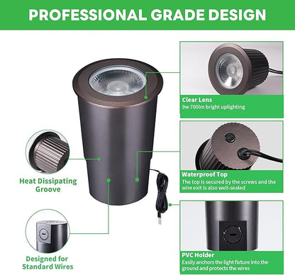 Outdoor Well Lights Low Voltage - 12V LED Inground Fixture, Bright 5 Colors Ground Landscape Lighting, Wired ORB Aluminum for Sideway Pathway Patio 9W 700LM 12 Pack