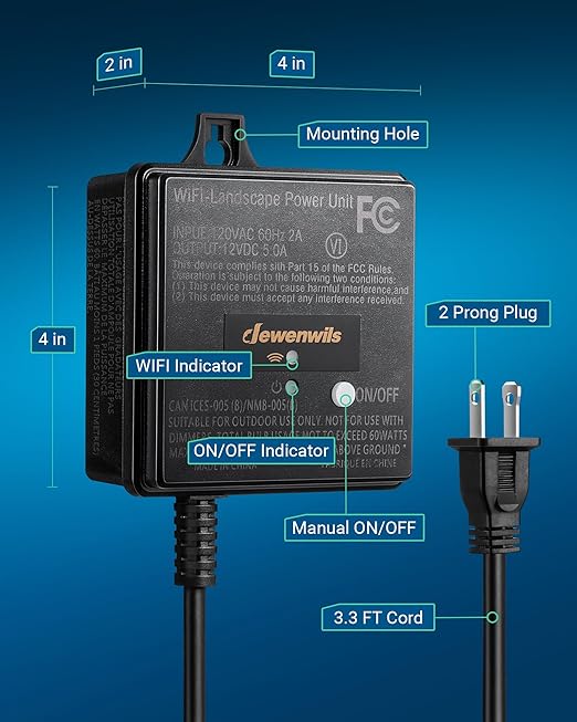 DEWENWILS 60W WiFi Low Voltage Transformer, 120V AC to 12V DC, Smart Outdoor Low Voltage Landscape Transformer with Timer, Work with Alexa & Google Home, Weatherproof for Landscape Lights, FCC Listed