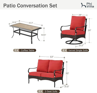 PHI VILLA Outdoor Porch Furniture Set, Upgraded Wicker&Metal Deep Seating Patio Furniture Conversation Set with Waterproof Thick Cushions for Balcony, Deck, and Yard (4 Pieces,Red)