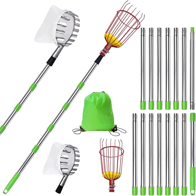 20 Ft Fruit Picker with Wire Basket and Bag Basket,Adjustable Stainless Steel Fruit Picker Pole with Universal Thread Head,35-243 Inch,Pick Fruit Tool,Suitable for Picking Apples,Mangoes and Others