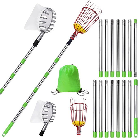 20 Ft Fruit Picker with Wire Basket and Bag Basket,Adjustable Stainless Steel Fruit Picker Pole with Universal Thread Head,35-243 Inch,Pick Fruit Tool,Suitable for Picking Apples,Mangoes and Others