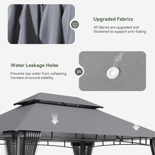 AOXUN Outdoor Gazebo for Patio 10x13, Metal Frame Canopy with Double Roofs, Heavy Duty Party Tent and Shelter with Mosquito Nettings for Backyard, Lawn, Garden, Deck (Gray/no Privacy Screen)