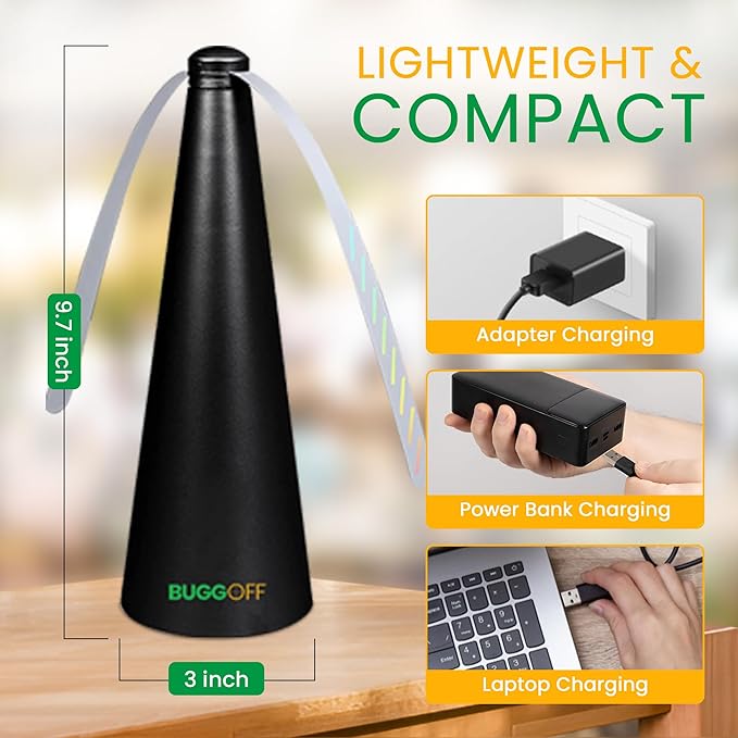 BUGGOFF White Fly & Flying Insect Repellent Fan with Twin Blades, Table top & Hangable, Battery Powered, USB C Chargable with Cable Included. Safe Blades with Auto Stop. (4 Pack)