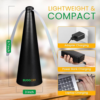 BUGGOFF Black Fly & Flying Insect Repellent Fan with Twin Blades, Table top & Hangable, Battery Powered or 5V Plug in, Batteries NOT Included. Safe Blades with Auto Stop. (1 Pack)