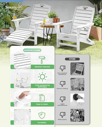 Folding Adirondack Chairs Set of 4,Adirondack Chair with Retractable Ottoman,Plastic Adirondack Chairs with 2 Cup Holder,Weather Resistant Patio Chair,Outdoor Chairs Set of 4(White)