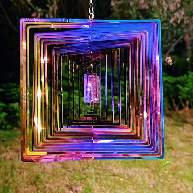 Wind Spinners Outdoor, 3D Maze, Square, Gradient Multicolor, 10 inches Stainless Steel Metal, Hanging Wind Spinners, Garden, Yard Décor, Outside, Gifts for Women Mom Wife