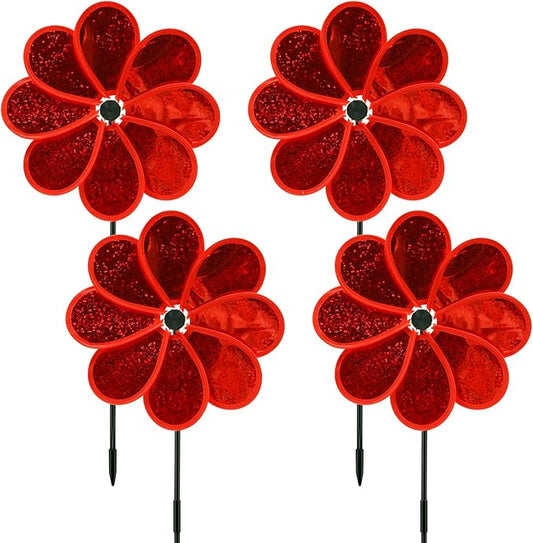 4PCS Flower Wind Spinner Sparkly Lawn Pinwheel 11.8 inch Red Garden Windmill for Garden, Party, Christmas Outdoor, Yard Decor