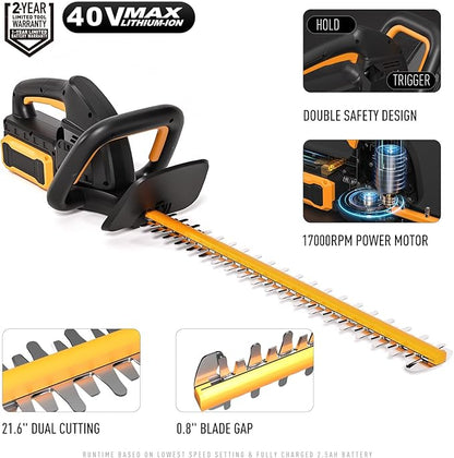 40V 21.6" Battery Hedge Trimmer, 0.7" Cutting Diameter Cordless Hedge Trimmer, Dual Action Blade Power Hedge Trimmers, Electric Hedge Trimmer with Battery & Charger Included