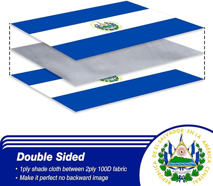El Salvador Flag 3x5 ft Outdoor, Double Sided 3 Ply Heavy Duty Salvador National Country Flag, 100% Quality Polyester Salvadoran Banner with Brass Grommets 4 Rows Stitches
