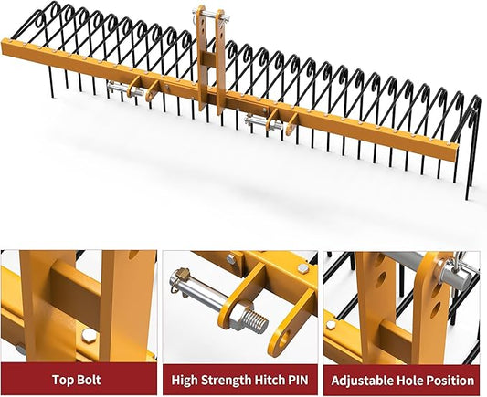 YITAMOTOR 72" Durable Powder Coated Steel Pine Straw Rake Steel Spring Landscape Rake Attaches to Cat-0 Cat-1,3 Point Hitch for Tractor, Yellow Black