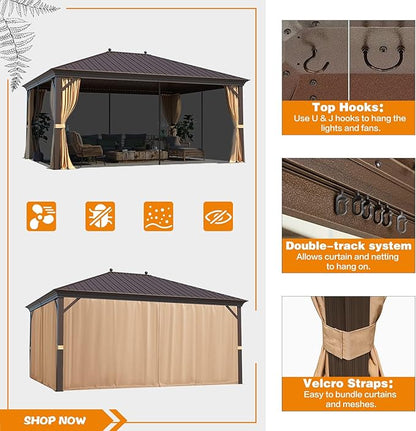 MELLCOM 12'x16' Hardtop Gazebo, Galvanized Steel Metal Double Roof Canopy with Curtains and Netting, Brown Permanent Pavilion Gazebos with Aluminum Frame for Garden, Patio, Lawns, Deck