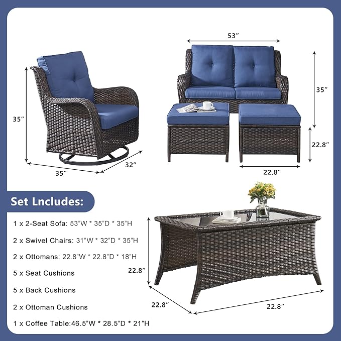 Rilyson 6 Piece Outdoor Patio Furniture Set - Rattan Wicker Patio Conversation Sets with 2 Swivel Rocker Chairs,2 Ottomans,1 Loveseat and 1 Coffee Table for Outside Porch Deck Backyard(Brown/Blue)